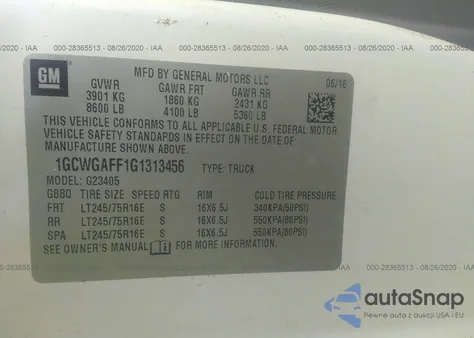 2016 Chevrolet Express 2500 Work Van z USA, uszkodzony, nr VIN 1GCWGAFF1G1313456